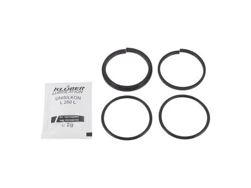 Dichtset mit vier schwarzen O-Ringen und einem kleinen Paket Klüber Lubrication Unisilkon L 250 L, geeignet für Ideal Standard Produkte.
